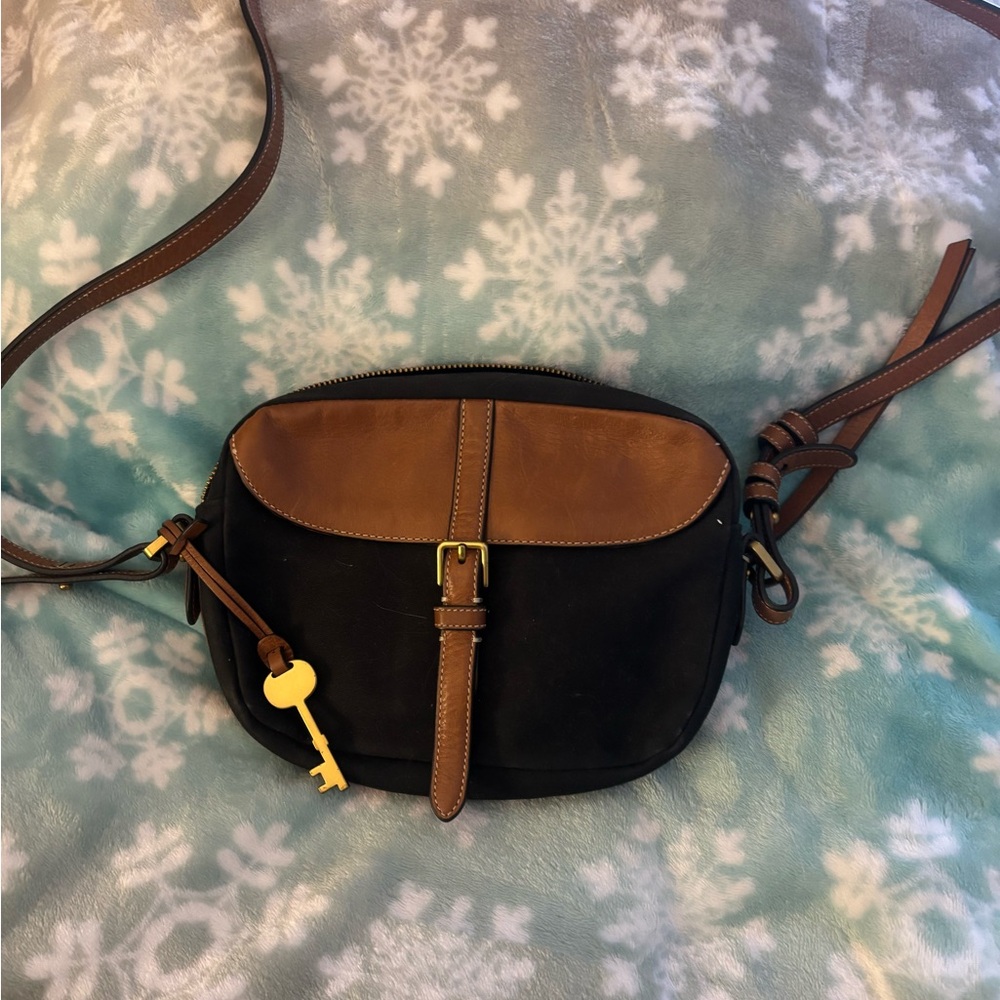 Fossil Black Canvas Crossbody Bag with Tan Leather Accents